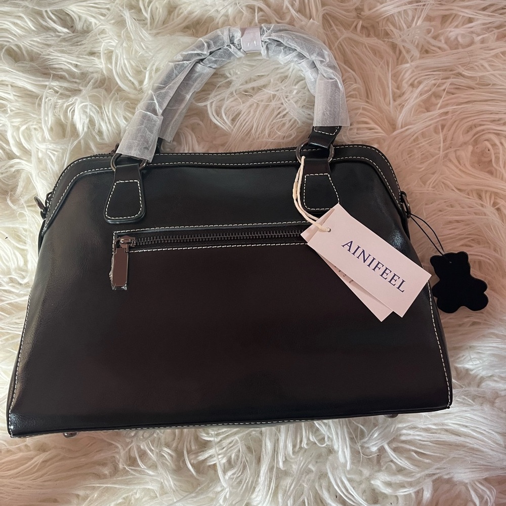 NWT Ainifeel Genuine Leather Black Satchel Handbag w/ White Stitching